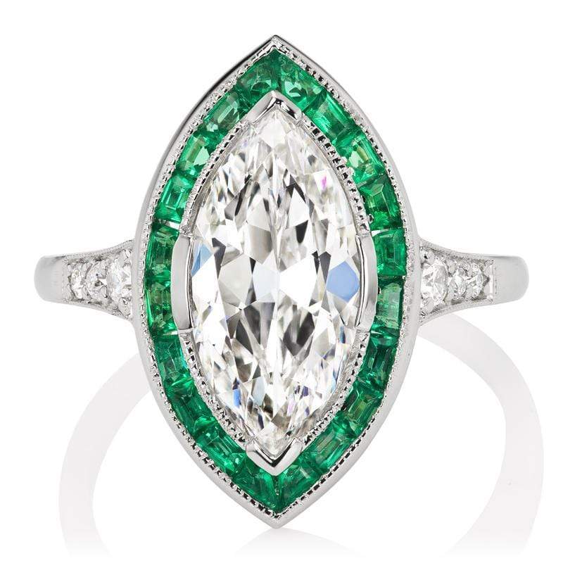 Marquise Diamond & Emerald Halo Engagement Ring