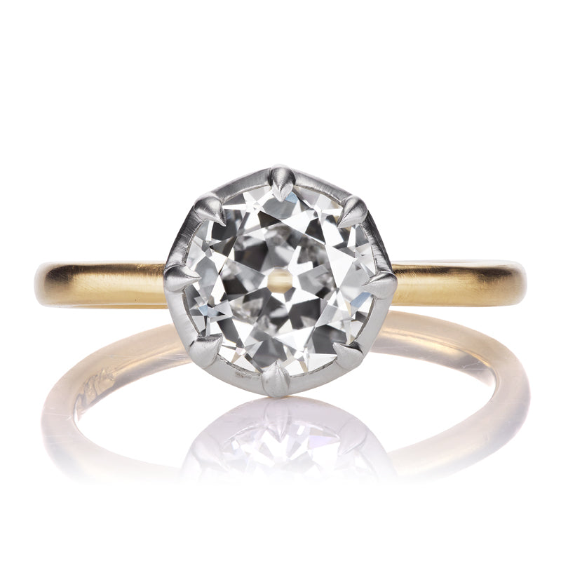 1.5 Carat Old Mine Cut Diamond Engagement Ring in Two-Tone Collet Setting