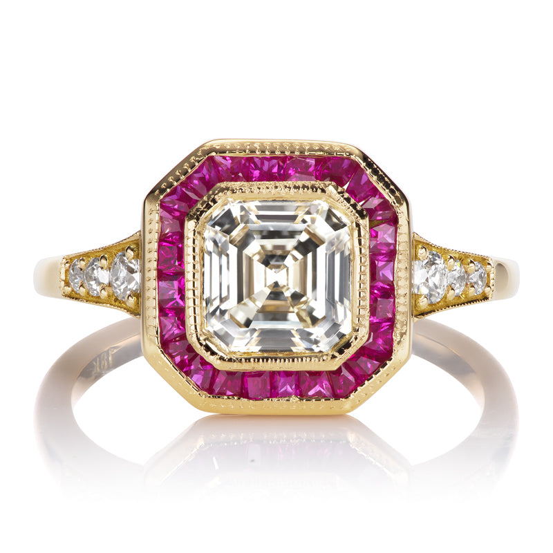 1.2 Carat Asscher Cut Diamond Engagement Ring with Calibré Cut Ruby Halo