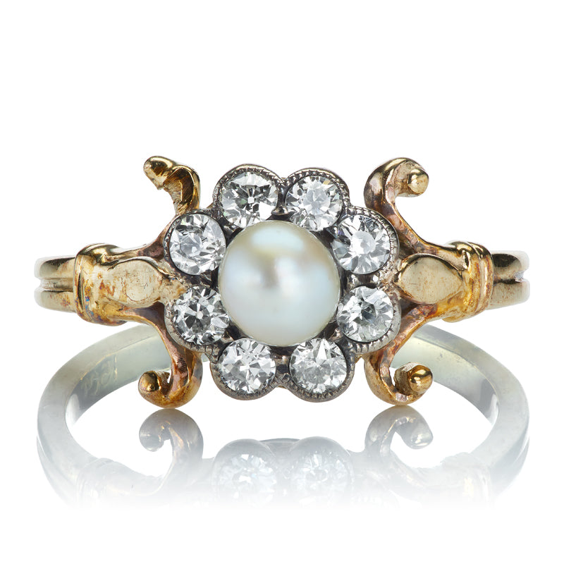 Antique Pearl and Diamond Cluster Ring with Fleur-de-Lys Detail