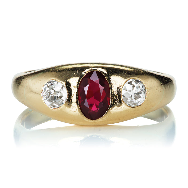 Antique Garnet and Diamond Gypsy Ring in Chunky 18kt Yellow Gold