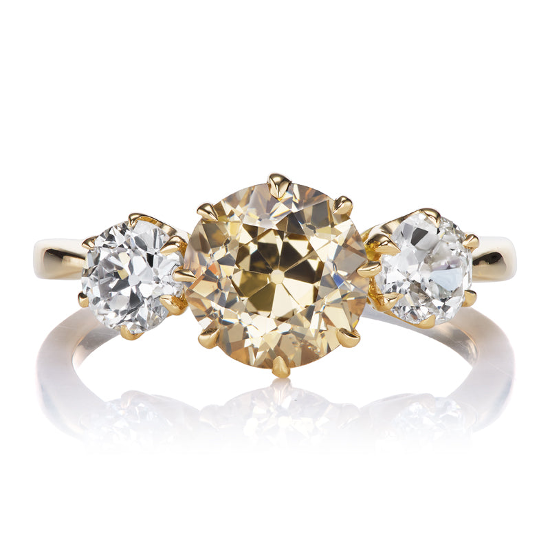 1.8 Carat Champagne Colored Old European Cut Diamond Three Stone Ring in Yellow Gold Setting