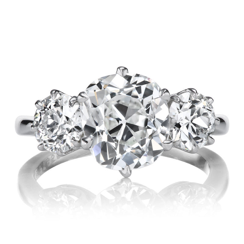 Bright White 3 Carat Old Mine Cut Diamond Three Stone Engagement Ring in Platinum Setting