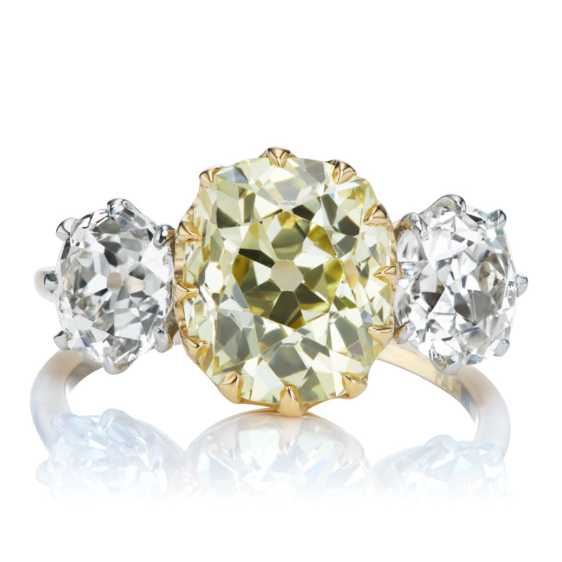 Fancy Intense Yellow Old Mine Cut Diamond Three Stone Ring