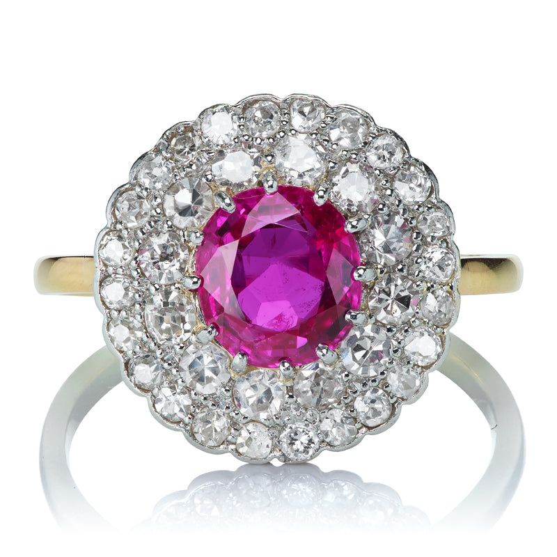 Edwardian Era Antique Burma No Heat Ruby and Diamond Cluster Ring