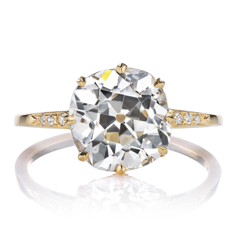 3.5 Carat Old Mine Cut Diamond Engagement Ring in 18kt Yellow Gold Fleur De Lys Setting with Side Stones