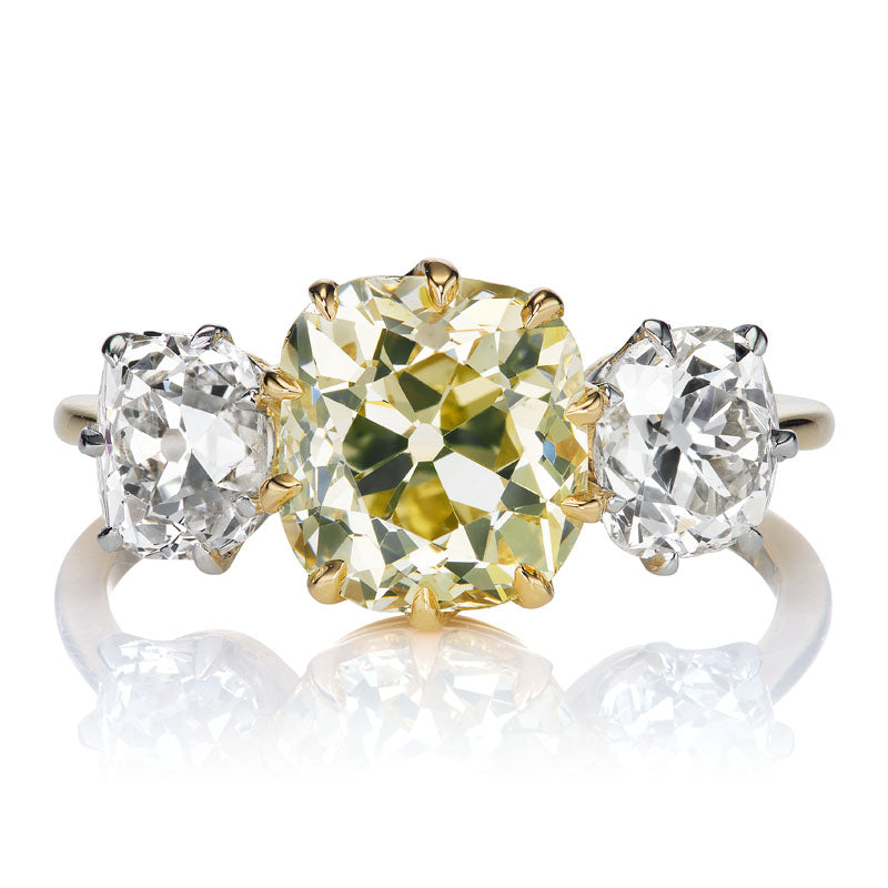 2.57ct Fancy Yellow Old Mine Cut Diamond Three Stone Ring