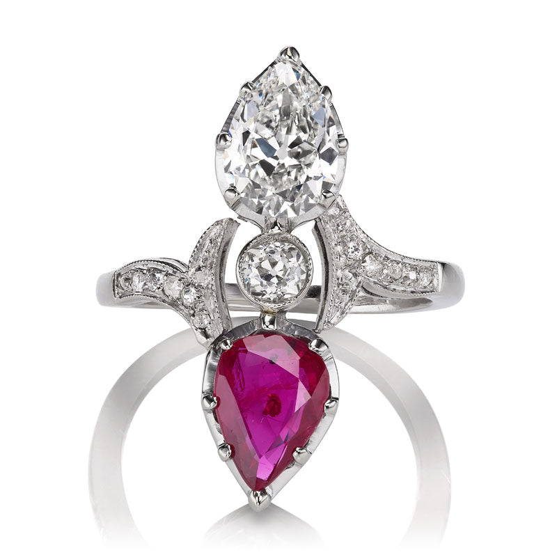 Vintage Pear Shaped Diamond & Ruby Toi et Moi Ring