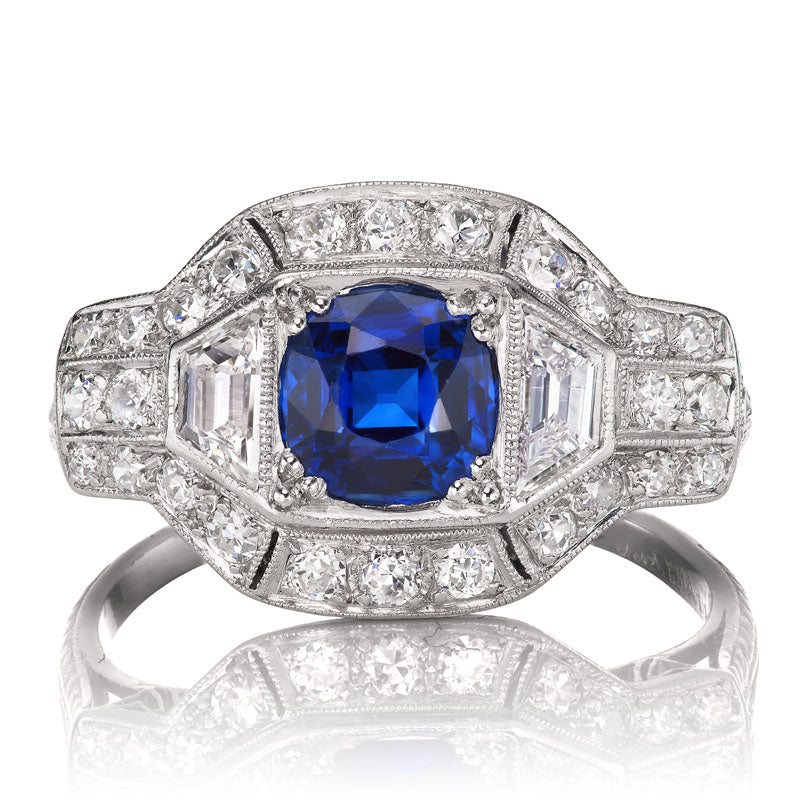 ART DECO TIFFANY & CO NO-HEAT SAPPHIRE + DIAMOND PLATINUM RING